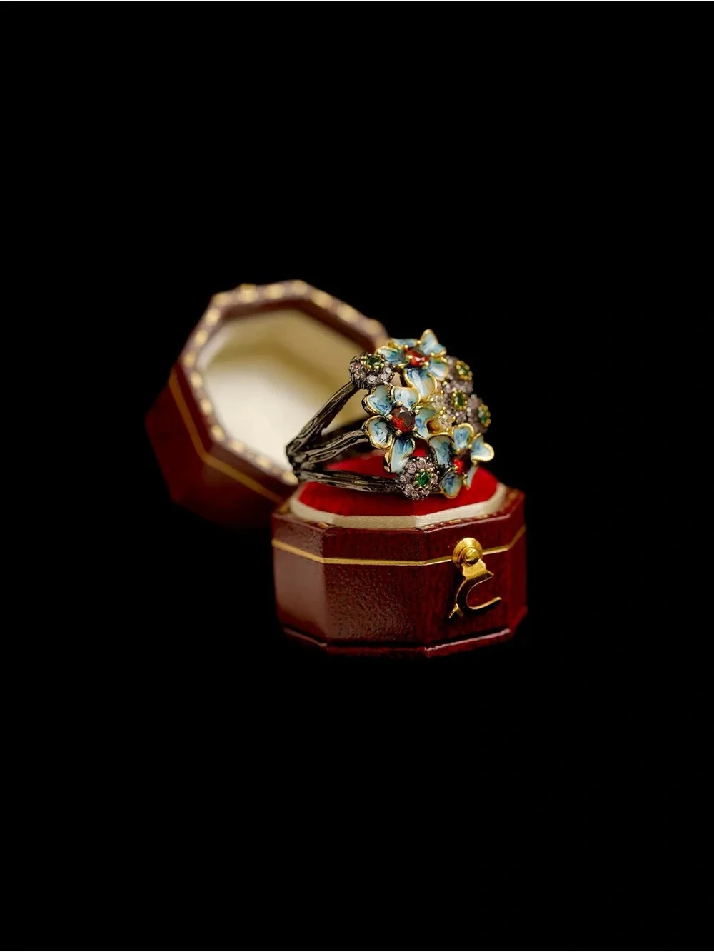 Vintage Blue Floral Cluster Statement Ring - Women Jewelry